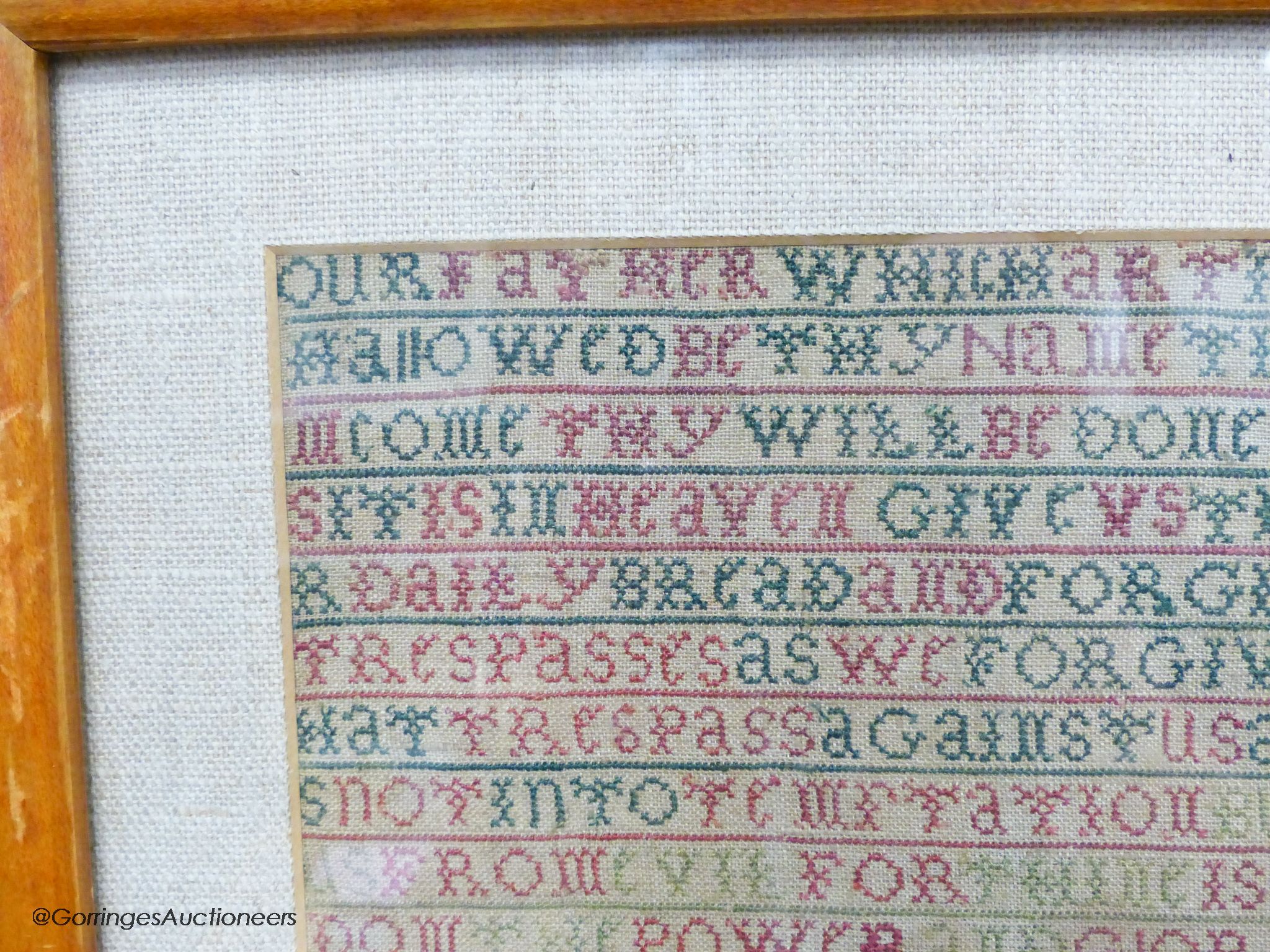 A George II needlework sampler, worked with the Lord's Prayer and religious text, by Alice Wood, dated 1736, 40 x 20cm